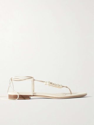 Faux Pearl-Embellished Leather Thong Sandals