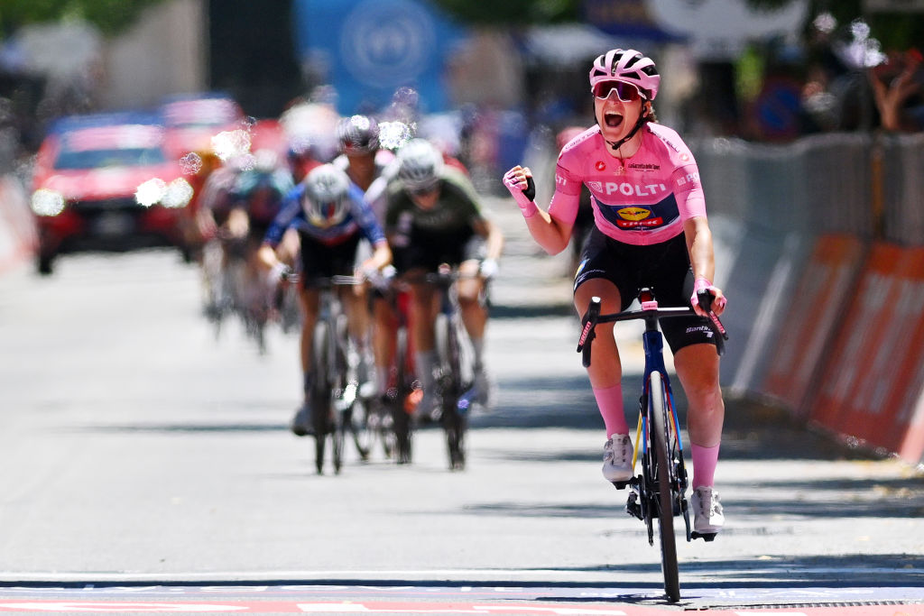 L&#039;AQUILA, ITALY - JULY 14: (EDITOR&#039;S NOTE: Alternate crop) Elisa Longo Borghini of Italy and Team Lidl - Trek - Pink Leader Jersey celebrates at finish line as overall race winner during the 35th Giro d&#039;Italia Women 2024, Stage 8 a 117km stage from Pescara to L&#039;Aquila / #UCIWWT / on July 14, 2024 in L&#039;Aquila, Italy. (Photo by Luc Claessen/Getty Images)