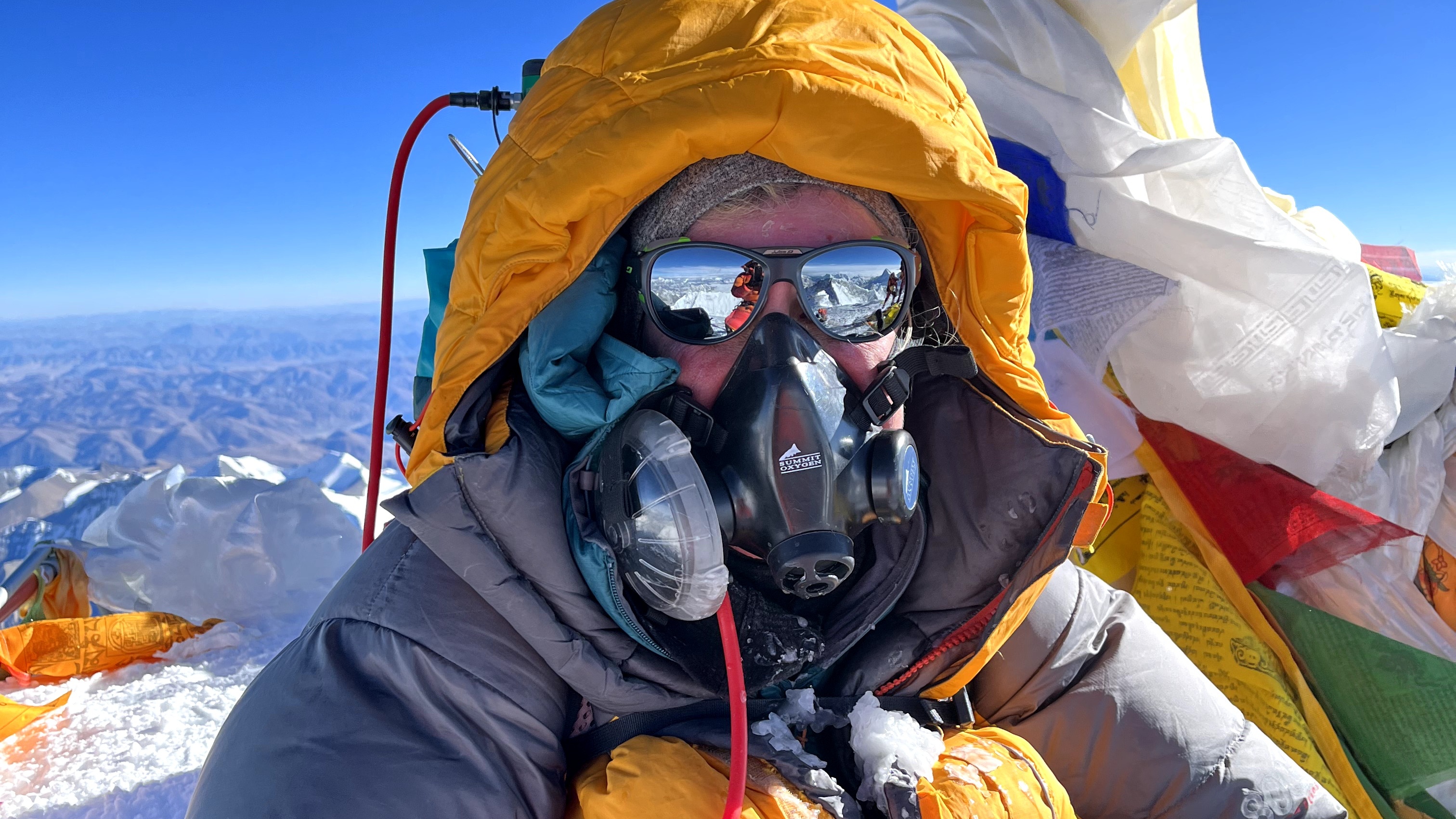 Jessica Hepburn in an oxygen mask on Mount Everest