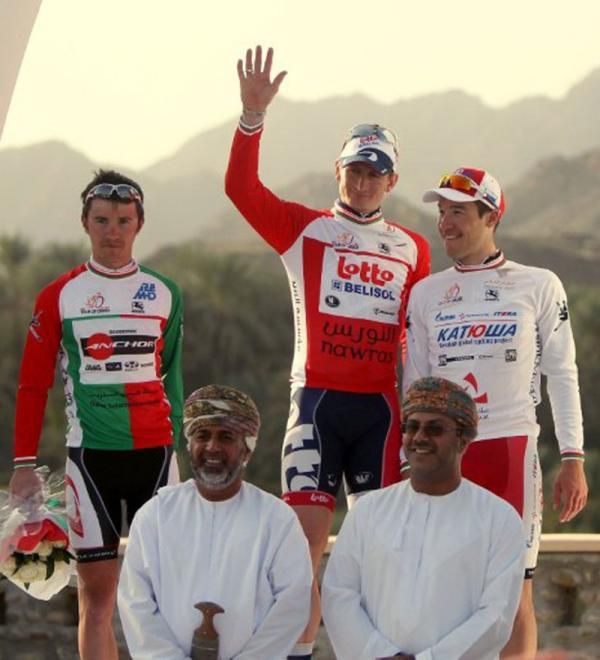 Greipel (centre) on the podium with Galimzyanov (right) and Lemair