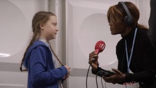 Greta Thunberg being interviewed in I Am Greta