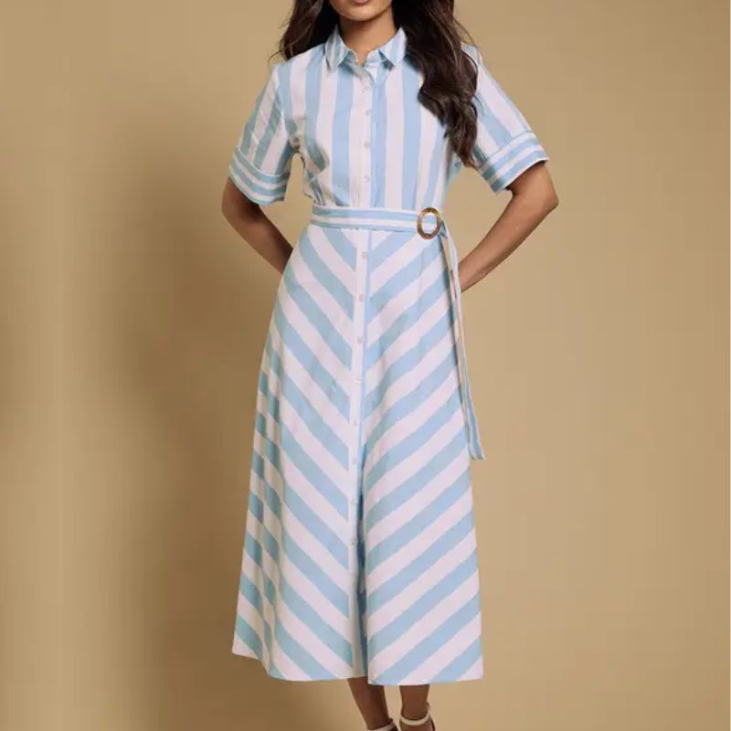 Lorraine Kelly's blue and white stripe cotton midi dress from Dorothy Perkins