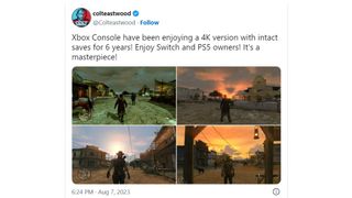 Tweet from Colt Eastwood promoting Red Dead Redemption in 4k on Xbox consoles