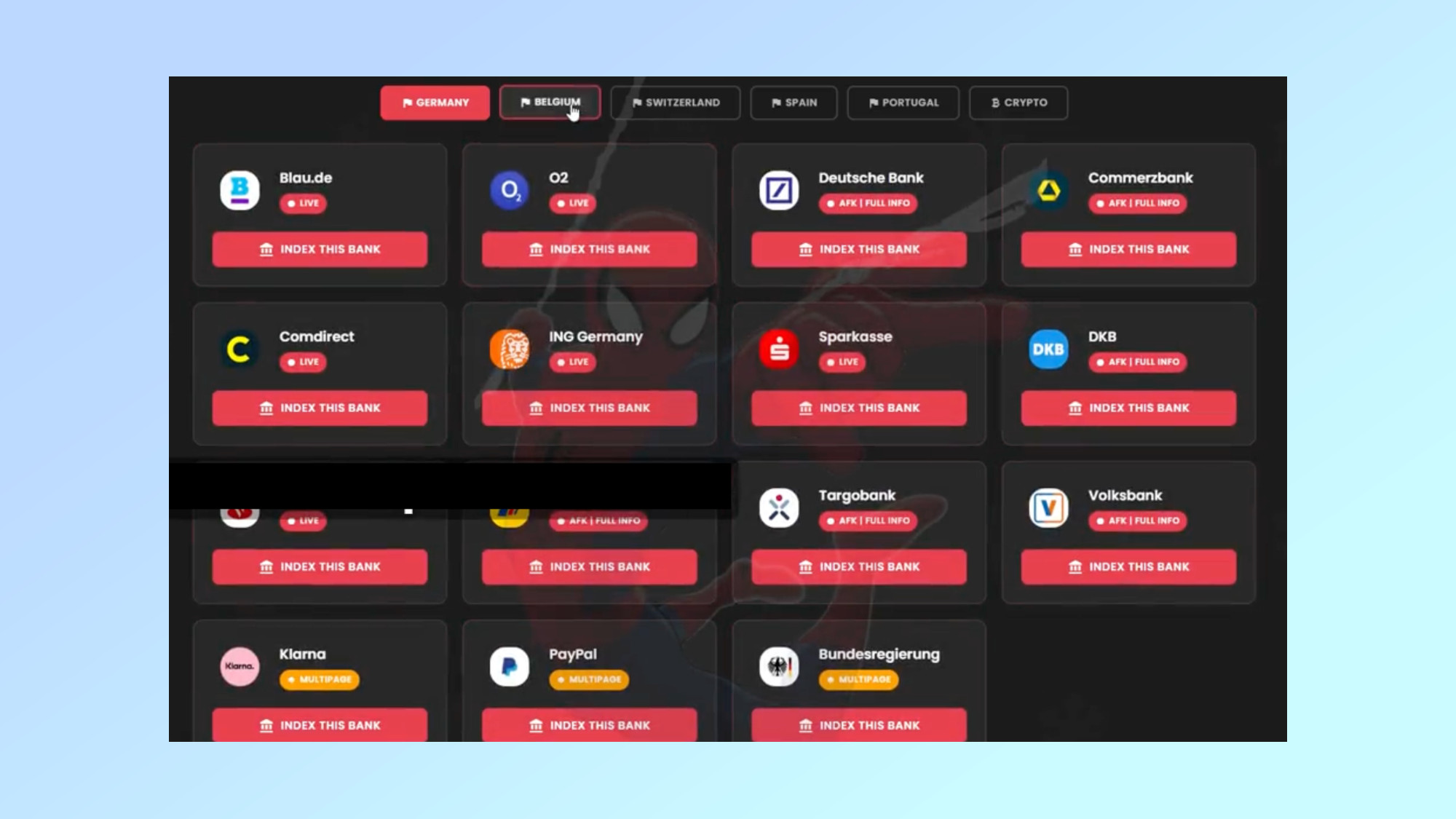 A screenshot showing the banks currently targeted by the Spiderman phishing kit