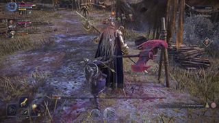 Elden Ring Nightreign two-handing great axe and swinging at banished knight