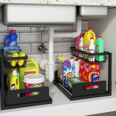 2 Pack Under Sink Organizer and Storage, Pull Out Cabinet Organizer Slide Out Sink Shelf Cabinet Storage Shelves, Under Sink Storage for Kitchen Bathroom Cabinet
