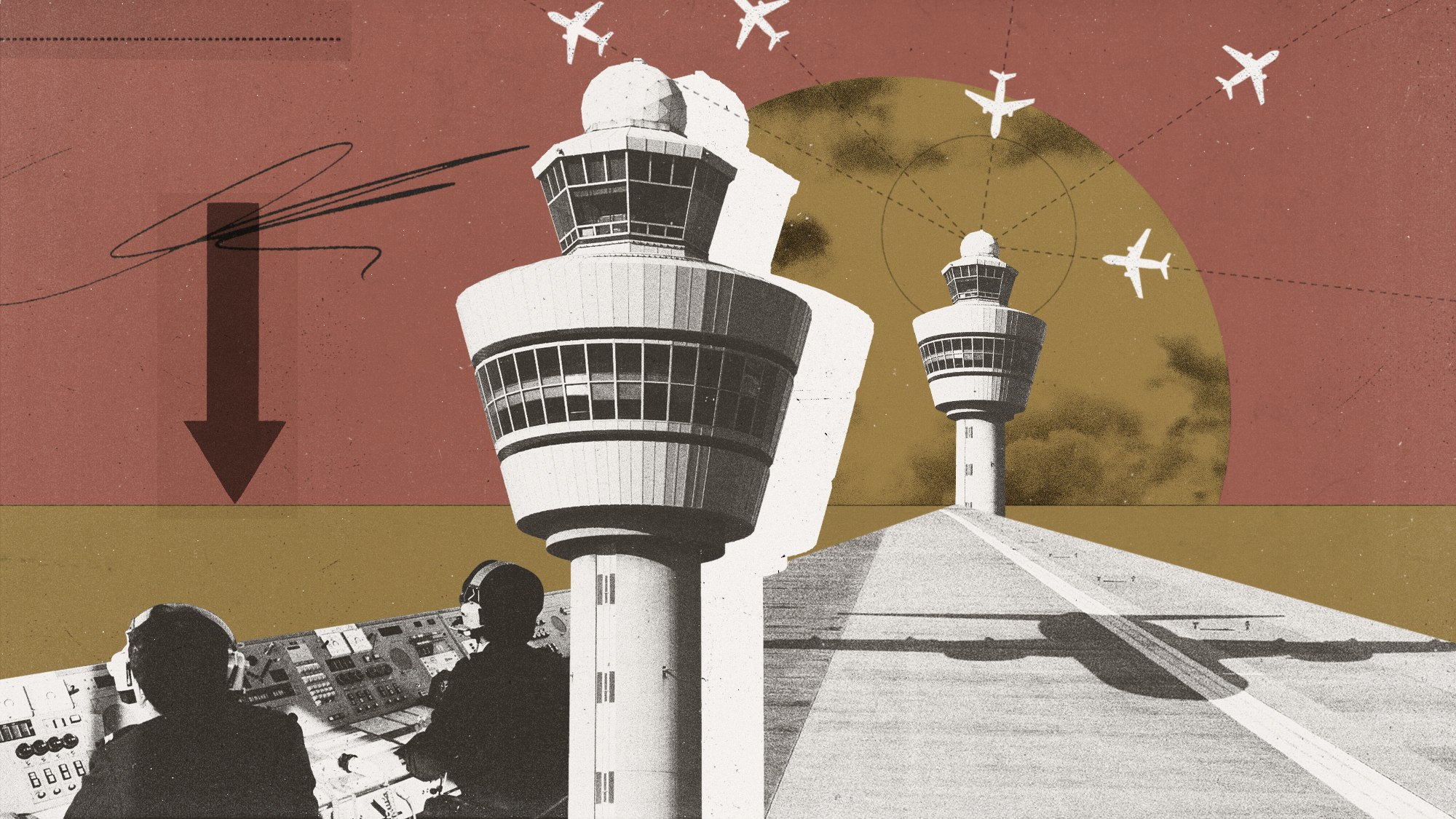 Photo composite illustration of an airport runway, air traffic control tower and controllers