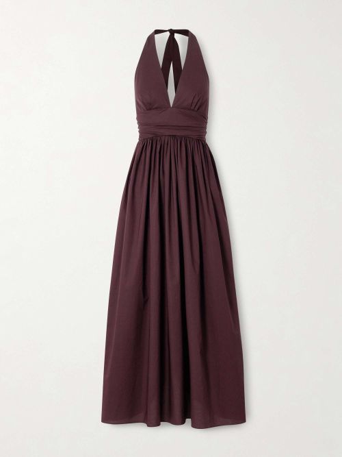 Gathered Organic Cotton-Poplin Halterneck Maxi Dress