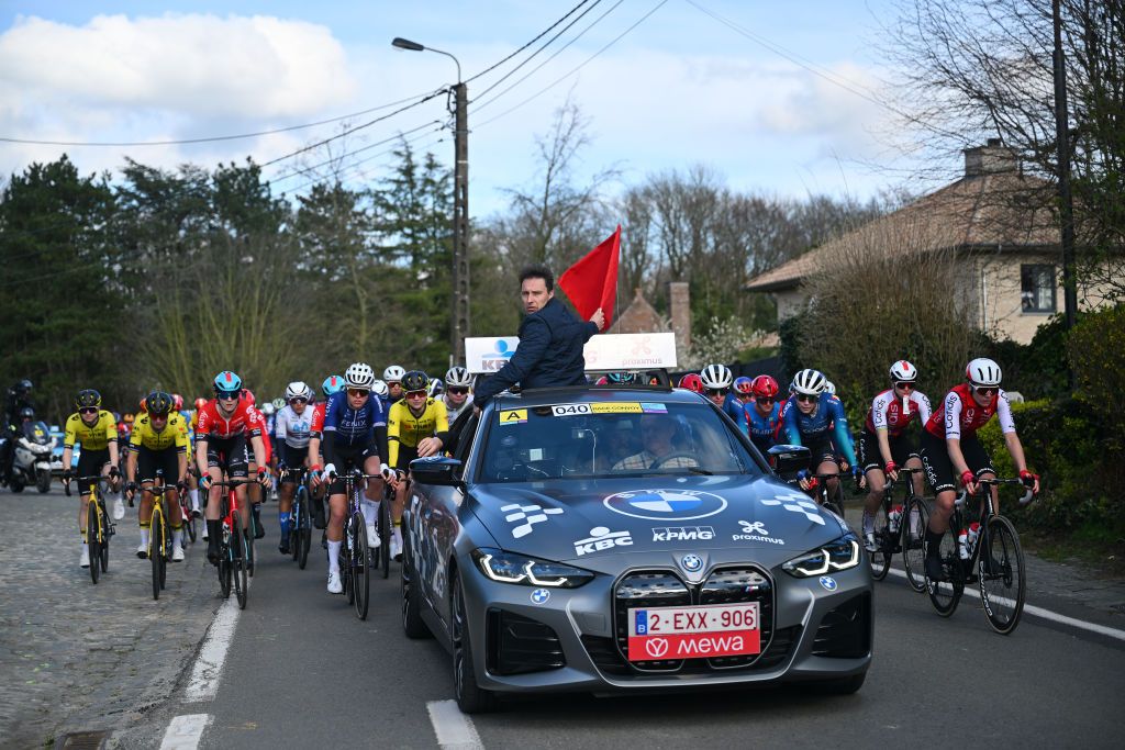 WAREGEM BELGIUM MARCH 27 The organisers neutralise the race due to a twocar accident after the mens race there will be no climb of the Knokteberg Trieu and the Hotond during the 12nd Dwars door Vlaanderen 2024 Womens Elite a 1299km one day race from Waregem to Waregem on March 27 2024 in Waregem Belgium Photo by Luc ClaessenGetty Images