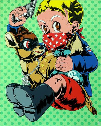 A cartoon depicting a sitting figure with a gun and a bag of money