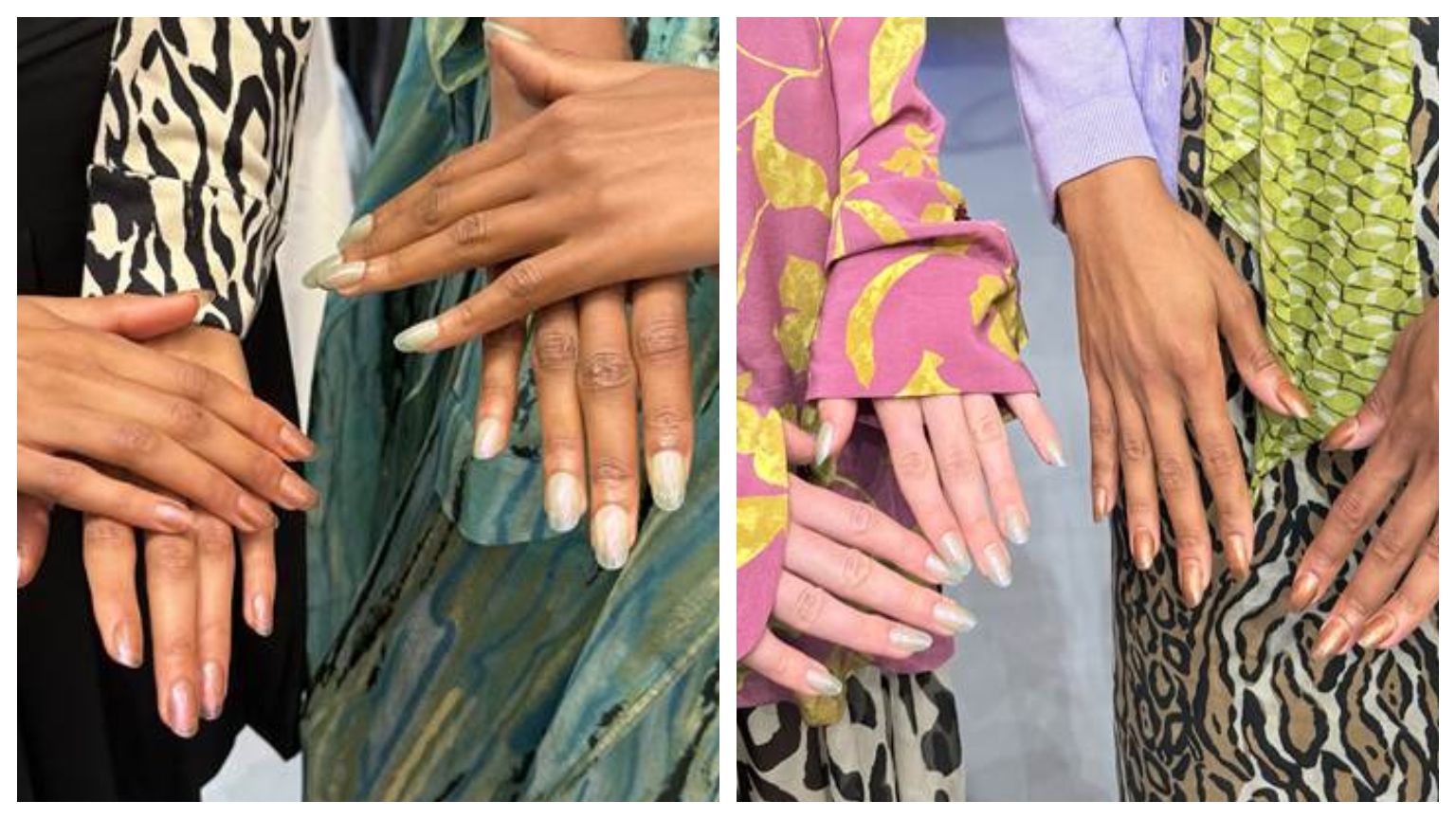 two sets of two hands wearing sunglass nails and colorful sleeves
