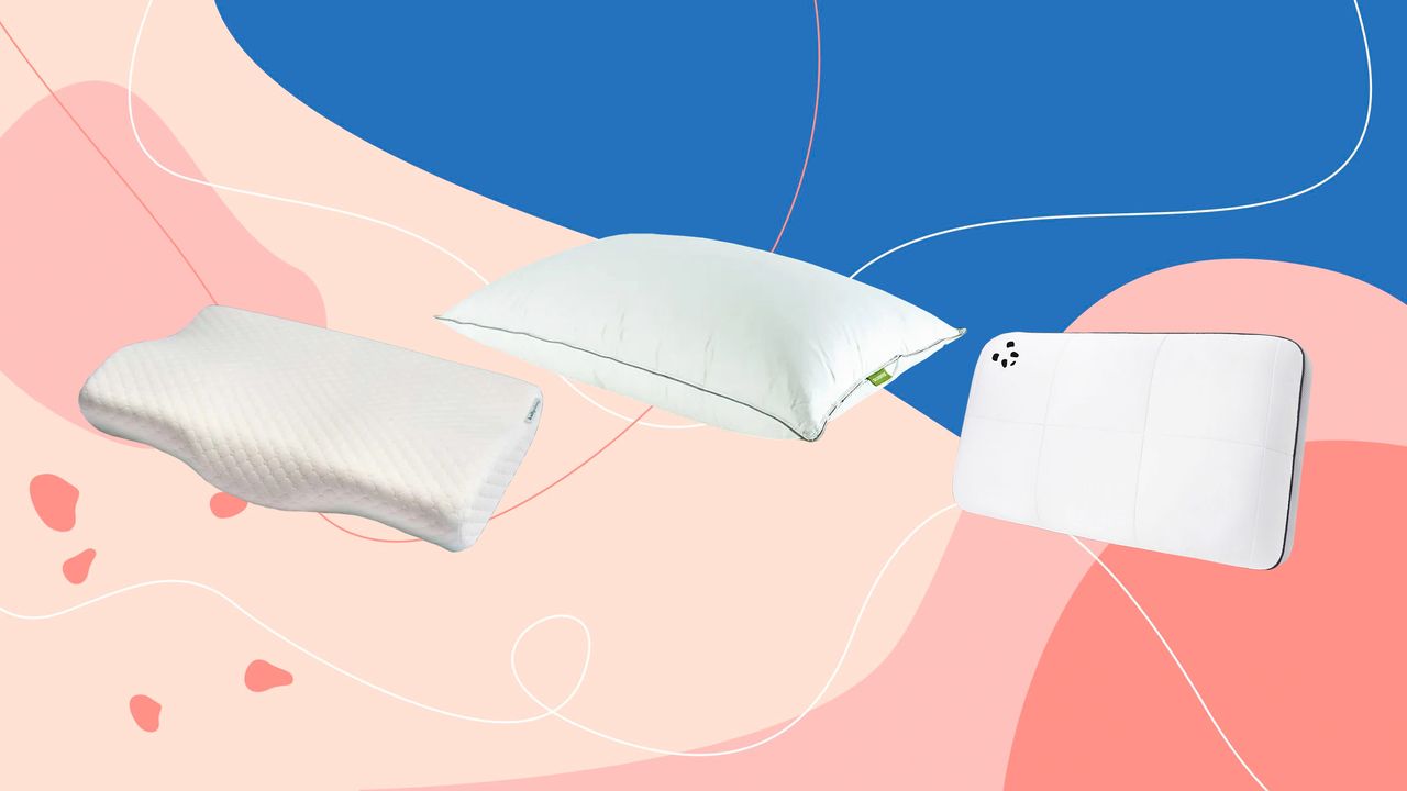 Three of the best pillows as tested by Ideal Home with a pink and blue background