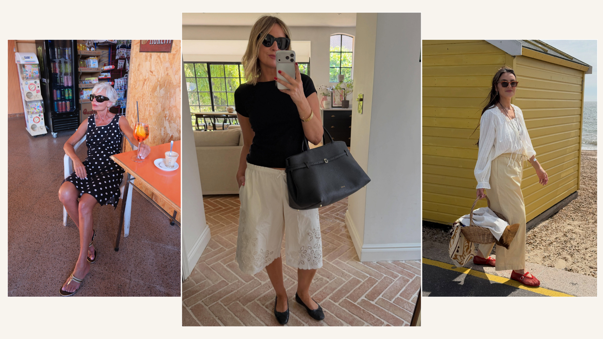 Influencers Claudia Berresford, Grece Ghanem and Emma Rose Thatcher wearing ageless trends of polkadot dress, bermuda shorts and barrel-leg trousers. 