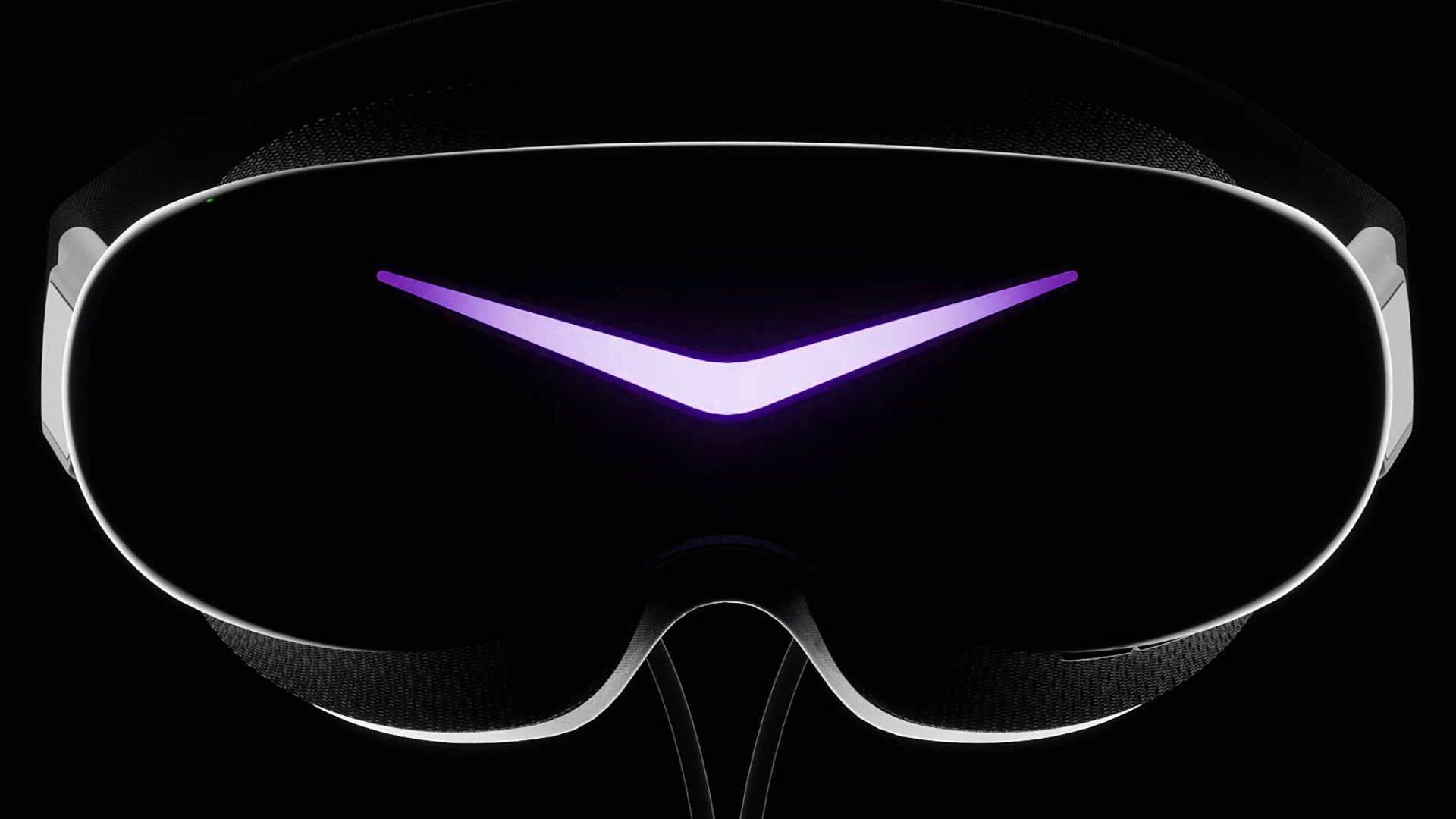 The Pimax Dream Air SE VR headset shot from the front, lit up in purple