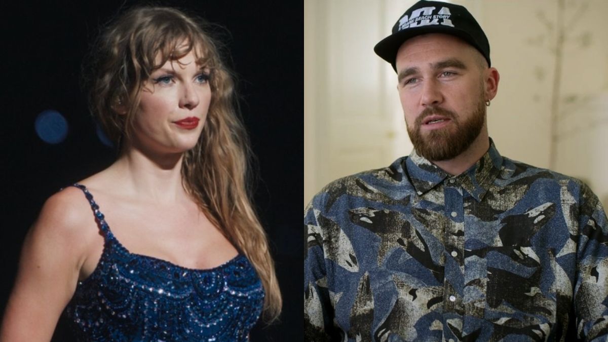 Taylor Swift during the Midnights set of the Eras Tour and Travis Kelce in the documentary Kelce.