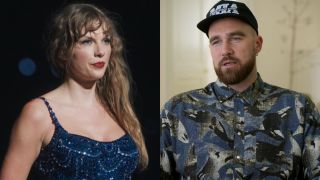 Taylor Swift during the Midnights set of the Eras Tour and Travis Kelce in the documentary Kelce.