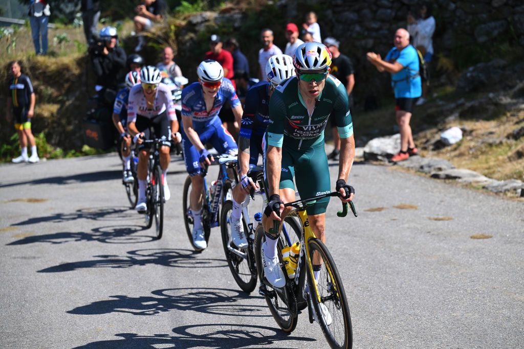BAIONA SPAIN AUGUST 27 Wout van Aert of Belgium and Team Visma Lease a Bike Green Points Jersey competes in the breakaway during the La Vuelta 79th Tour of Spain 2024 Stage 10 a 160km stage from Ponteareas to Baiona UCIWT on August 27 2024 in Baiona Spain Photo by Tim de WaeleGetty Images