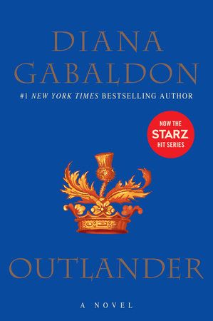 outlander book cover with a blue background and an orange crown