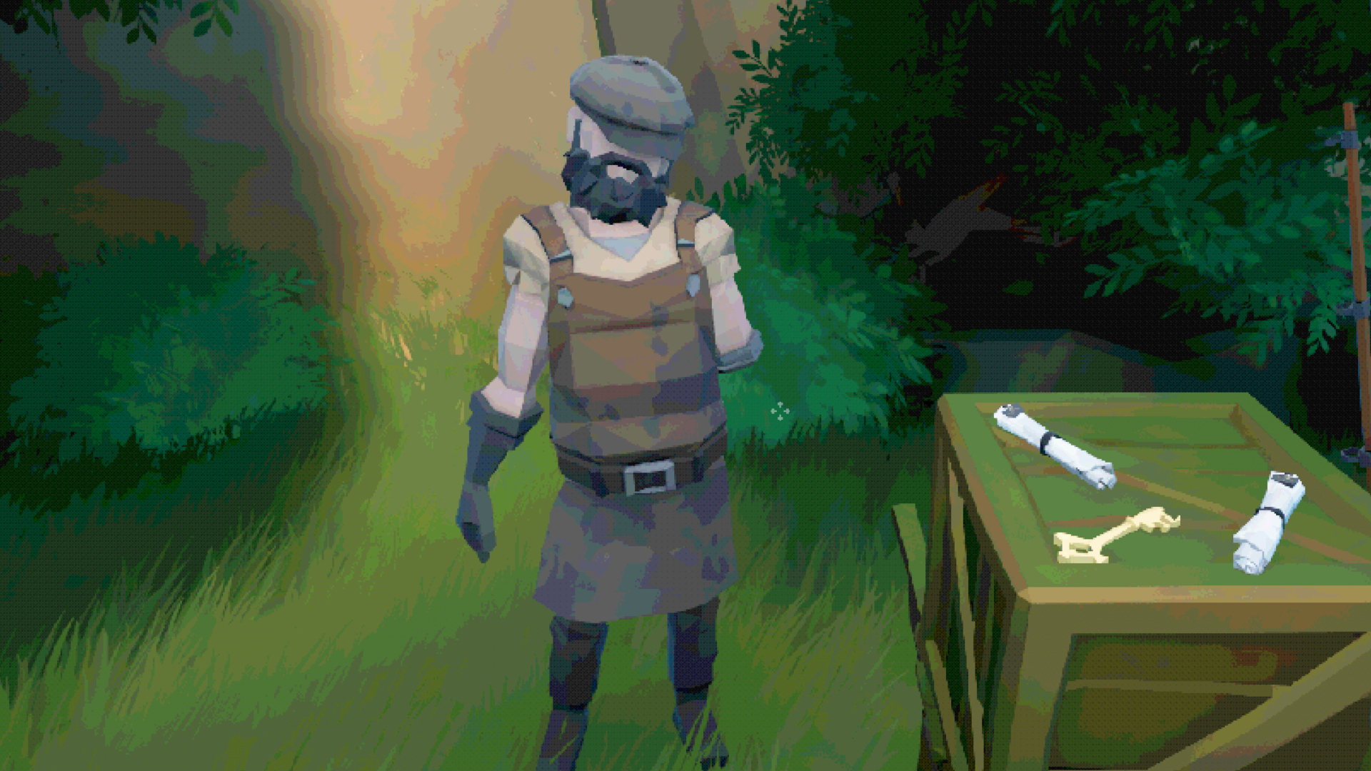 A screenshot of A Short Quest. A bearded merchant wearing a hat and gloves stands next to scrolls and a key on top of a crate.