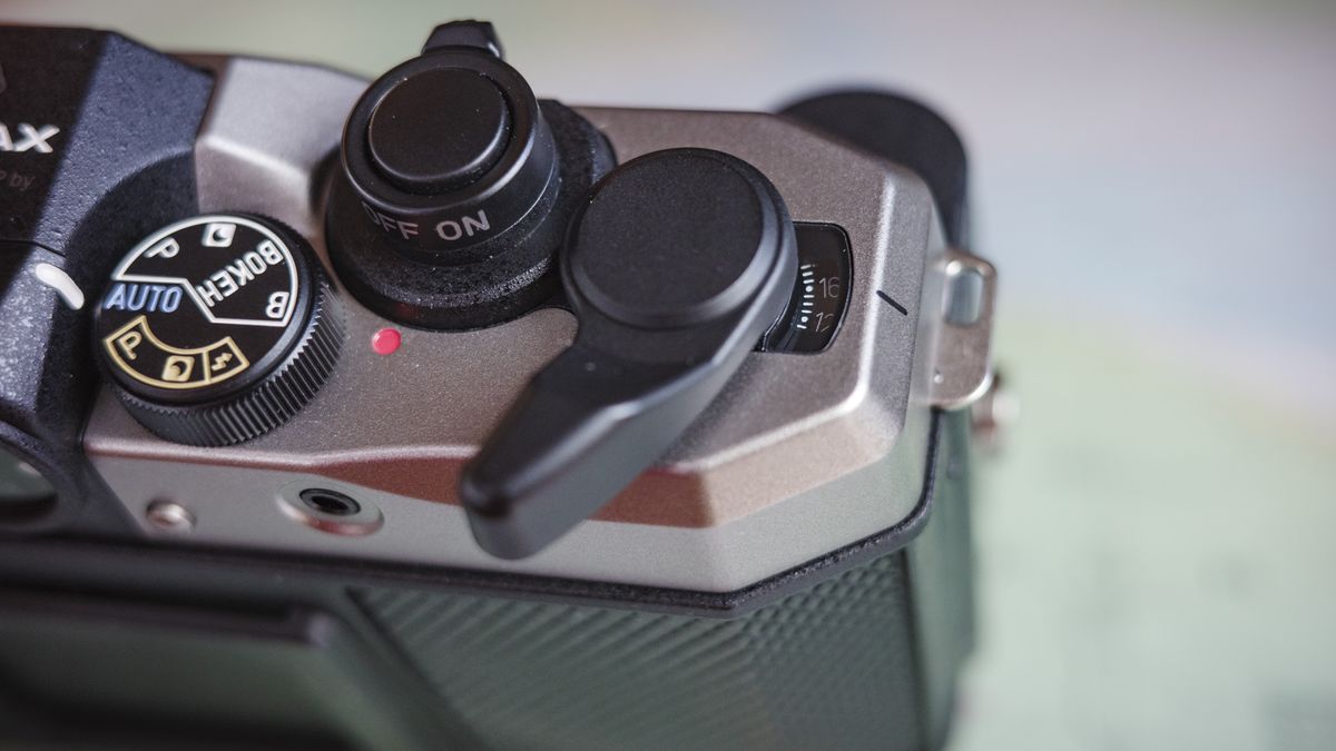 Close up of the Pentax 17 compact film camera's film crank