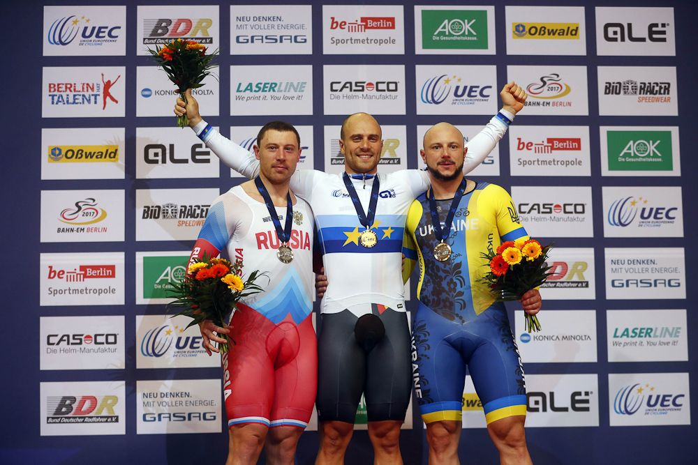 Keirin podium: Perkins, Levy and Vynokurov.