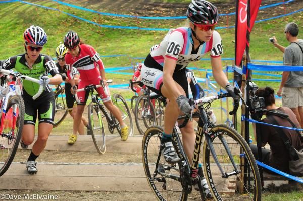 Julie Krasniak (Rapha Focus) was proficient at riding the uphill barriers