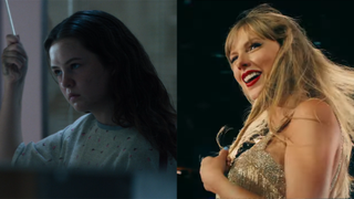 Olivia Marcum in The Exorcist: Believer and Taylor Swift from the Eras Tour trailer, pictured side by side.