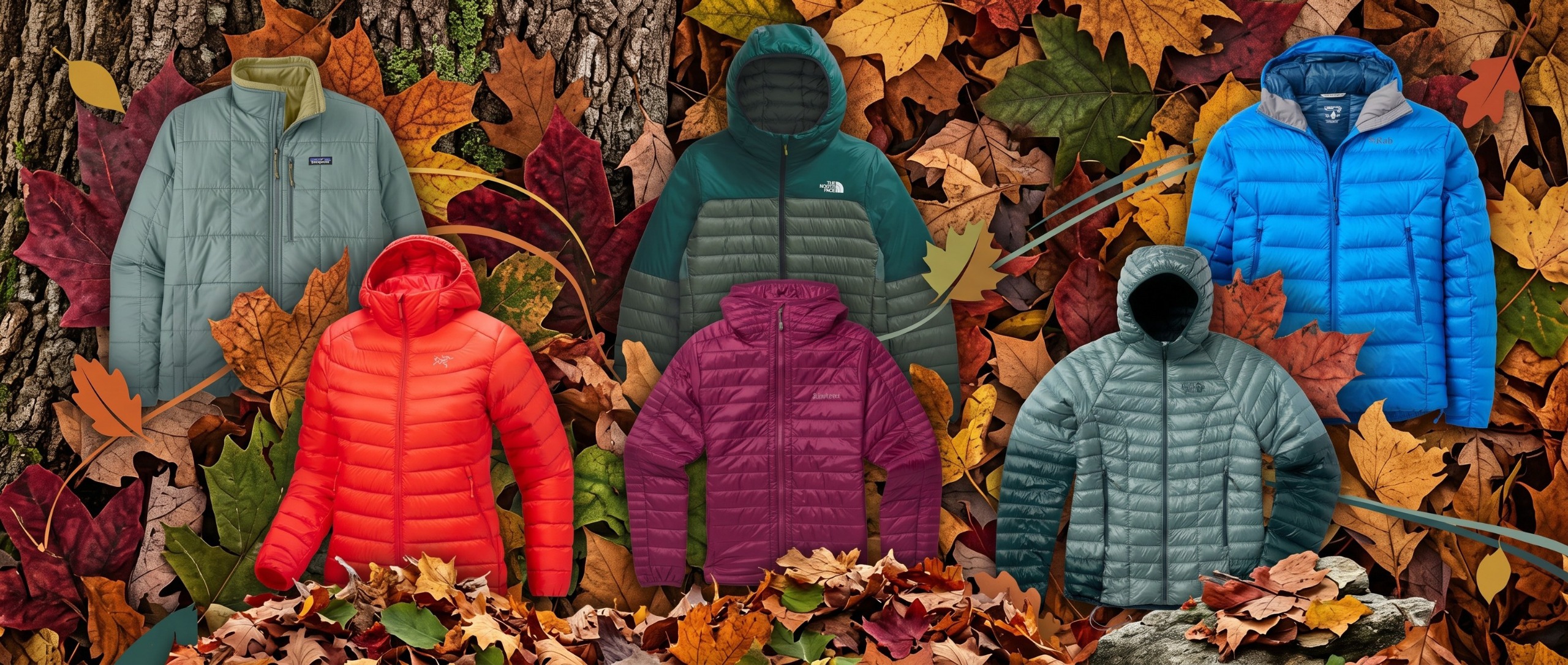 Selection of lightweight down jackets against a background of Fall leaves