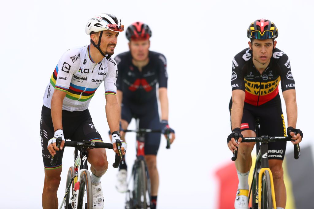 SAINTLARYSOULAN COL DU PORTET FRANCE JULY 14 Julian Alaphilippe of France and Team Deceuninck QuickStep Wout Van Aert of Belgium and Team JumboVisma at arrival during the 108th Tour de France 2021 Stage 17 a 1784km stage from Muret to SaintLarySoulan Col du Portet 2215m LeTour TDF2021 on July 14 2021 in SaintLarySoulan Col du Portet France Photo by Michael SteeleGetty Images