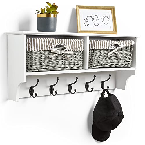 Vonhaus Coat Hooks Wall Mounted - White Coat Rack Shelf W/ 2 Grey Wicker Storage Baskets & 5 Strong Double Clothes Hooks - Hallway Organiser W/shelving for Hall & Entryway - for Scarves, Bags