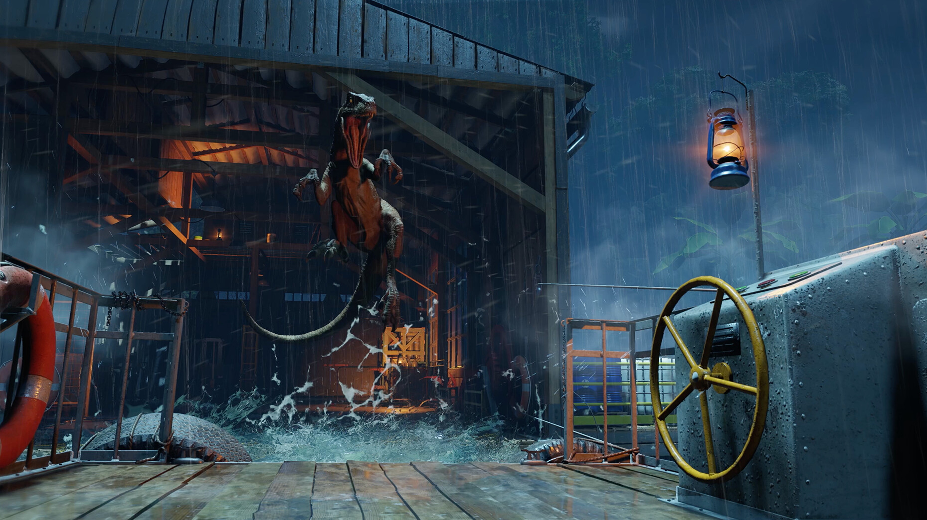 Jurassic Park: Survival screenshot showing a dinosaur jumping onto a rain-soaked pier