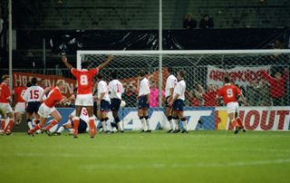 13 October 1993 Rotterdam, World Cup Qualifying match, Netherlands v England, Ronald Koeman scores a goal from a free kick. (Photo by Mark Leech/Offside via Getty Images)