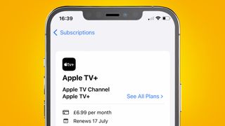 An iPhone on a yellow background showing the Subscriptions menu