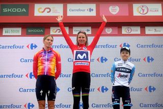 The podium of the 2023 La Vuelta Femenina, which Annemiek van Vleuten won ahead of Demi Vollering and Gaia Realini