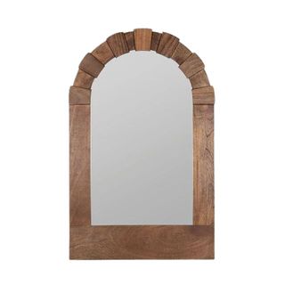 A wood bathroom mirror