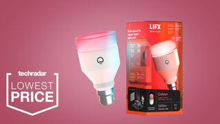 LIFX A60 Colour smart bulb and its packaging on a pink background