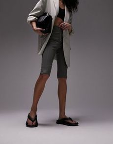 Topshop zip front pin stripe capri trouser in khaki