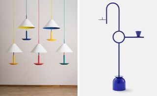 Two images. Left, five hanging lamps in different colours. Right, a blue oddly shaped candlestick holder.