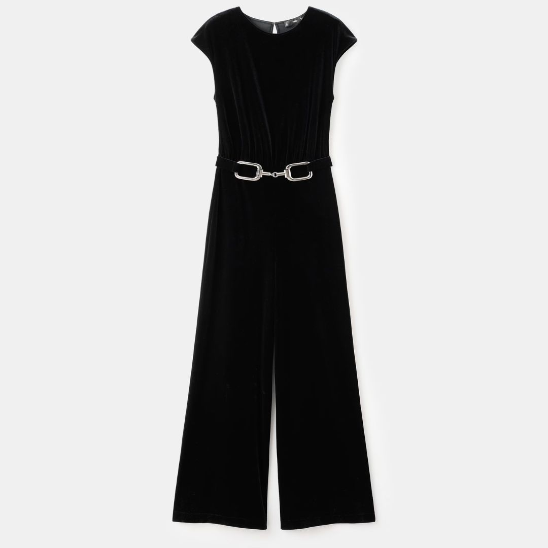 Mango Black Velvet Belted Jumpsuit