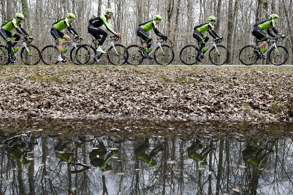 Cyclists of the USA's Cannondale-Garmin cycling team ride during the third stage.