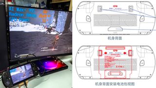 GPD WIN 5 connected to monitor and power cable on left and diagram showing battery pack back placement on right.