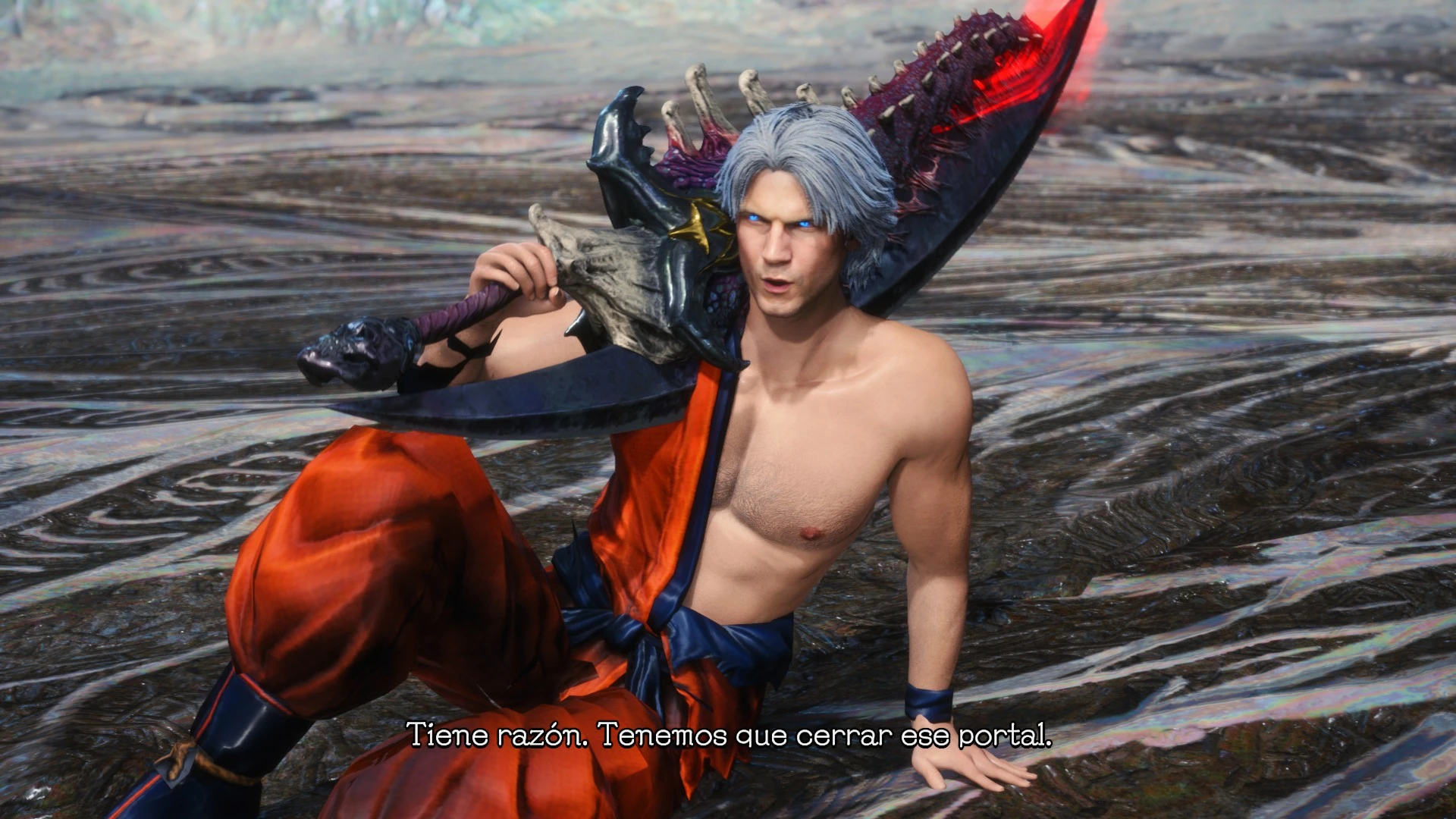 Dante wearing a Goku outfit in modded Devil May Cry 5.