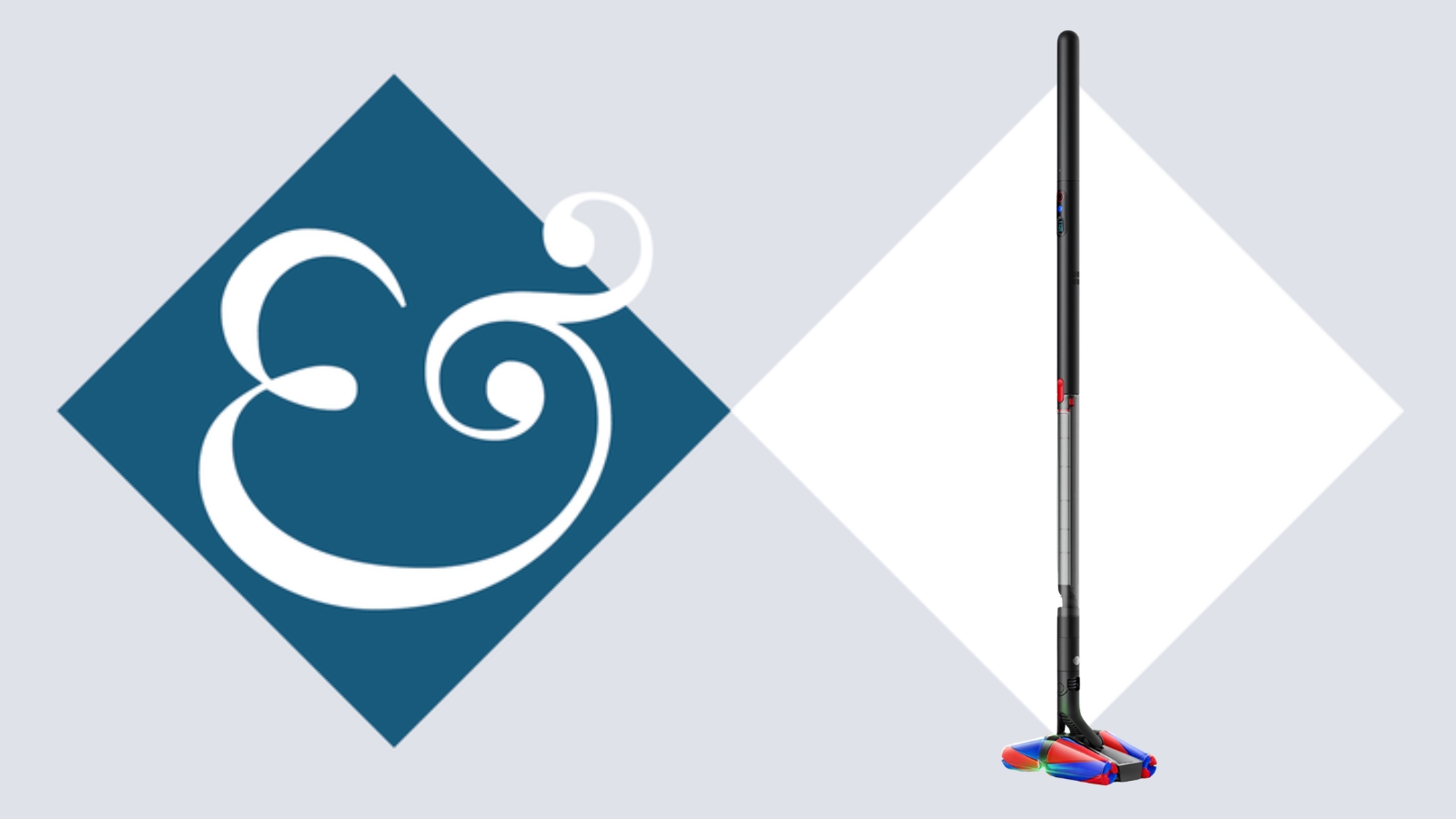 Dyson PencilVac Fluffycones on tile background next to Homes &amp; Gardens '&amp;' logo.