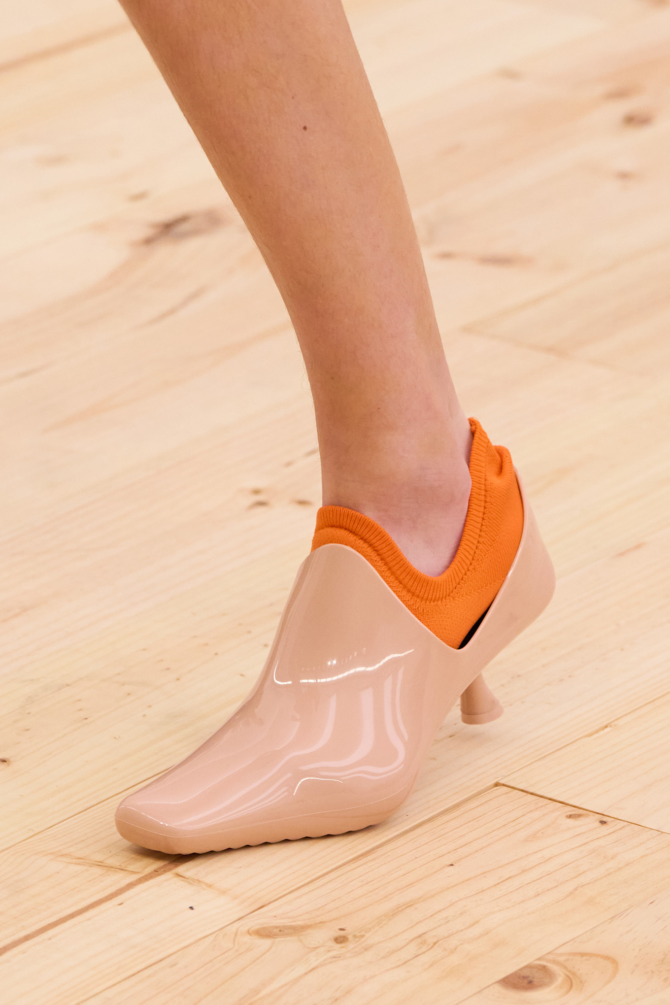 shiny plastic kitten heels with contrast socks on the Loewe Spring 2026 runway