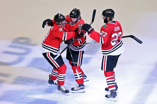 Chicago Blackhawks players celebrate.