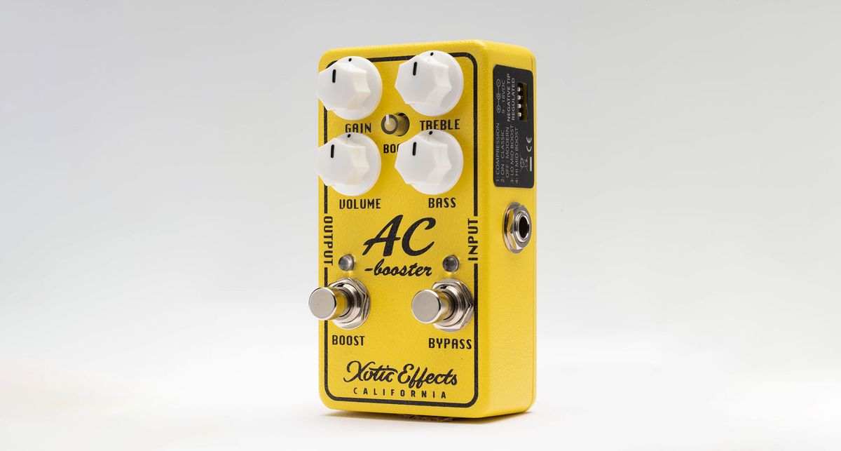 Xotic AC Booster V2: this yellow stompbox has four white dials, external dipswitches and two footswitches