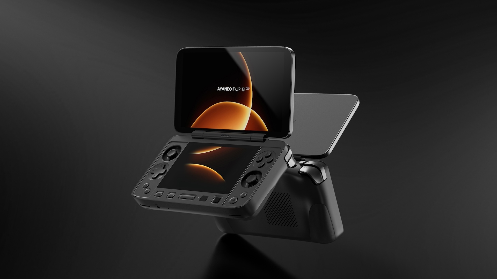2 AYANEO FLIP DS 1's, both open but facing in opposite directions showing off the dual screens