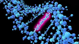 conceptual illustration shows close up of a DNA molecule made of blue component pieces; one base pair within the DNA is highlighted in pink, to represent a mutation