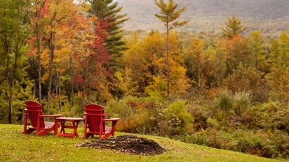 Adirondack chairs looking out over vista in Vermont USA 