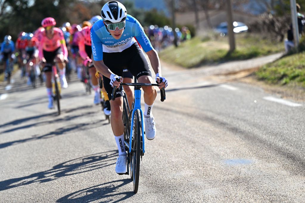 MEJANNESLECLAP FRANCE FEBRUARY 03 Valentin Retailleau of France and Decathlon AG2R La Mondiale Team attacks during the 54th Etoile de Besseges Tour du Gard Stage 4 a 15848km stage from MejannesleClap to MejannesleClap on February 03 2024 in MejannesleClap France Photo by Luc ClaessenGetty Images
